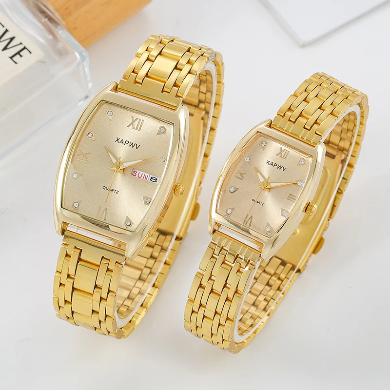 

Casual Barrel-Shaped Double Calendar Watch with Week Women's Watch Quartz Steel Band Men's Couple Watch