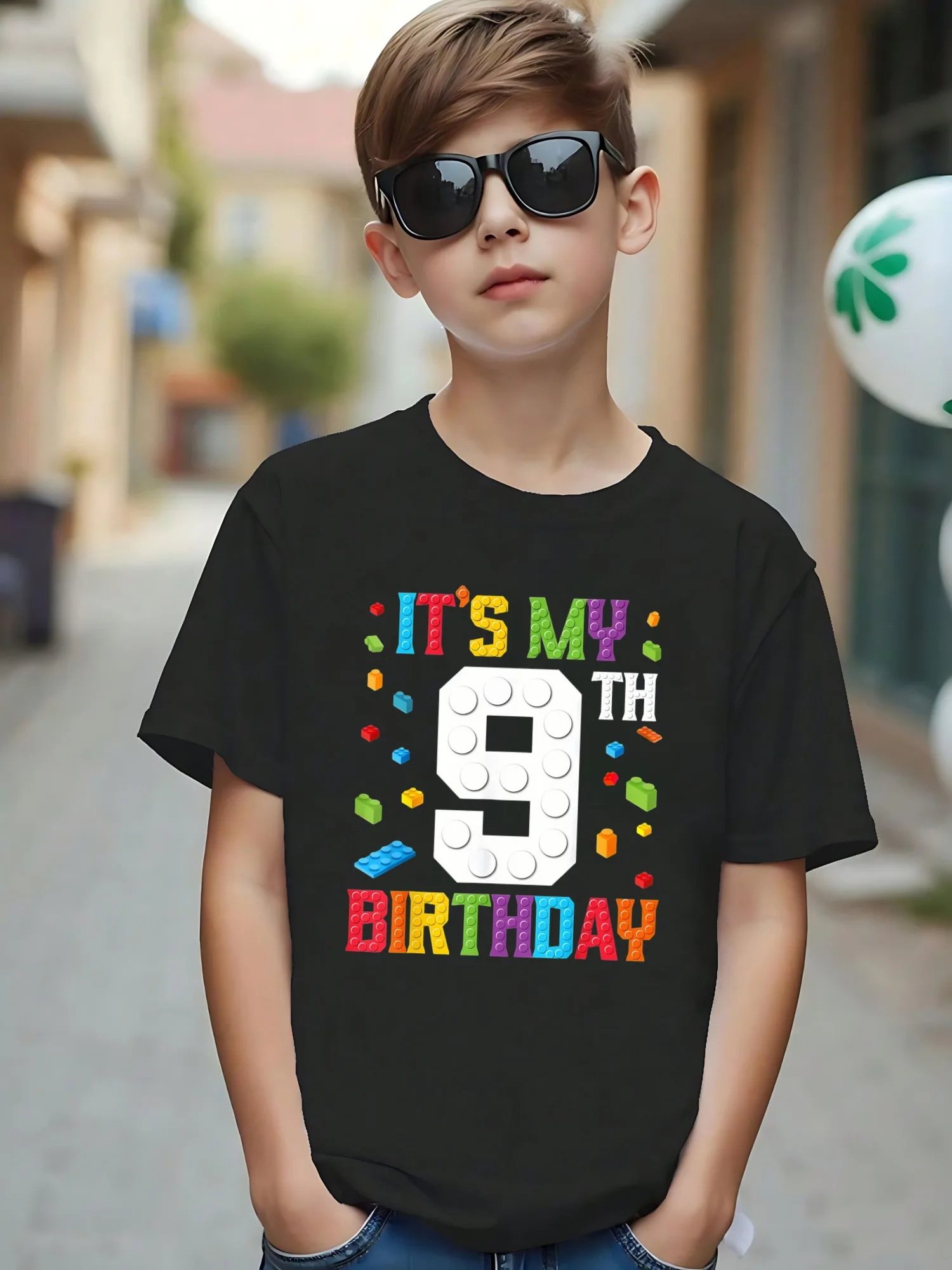

Boys and girls, my ninth birthday party, architect themed T-shirt, children's fashionable cotton short sleeved shirt