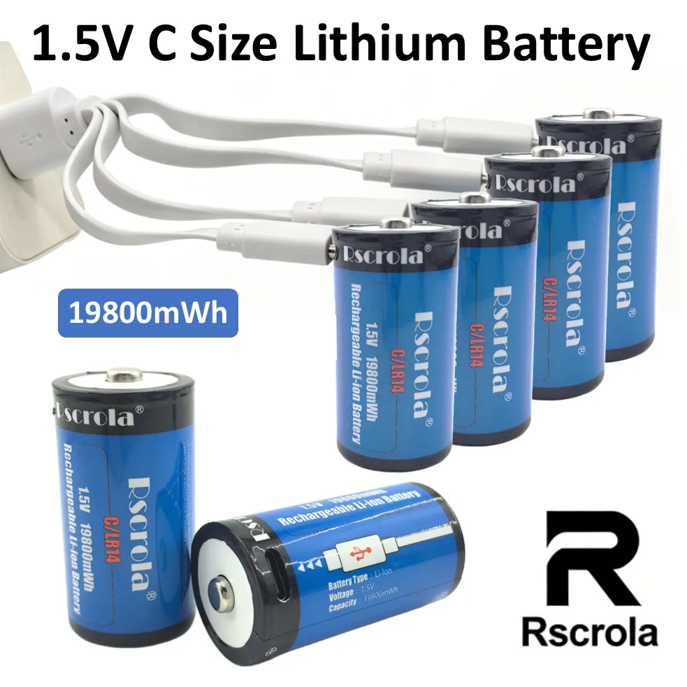 Rechargeable C Size Battery 19800mWh USB C Charging Port 1200+ Cycles 1.5V Li-ion LR14 Battery for Flashlight,Speaker,Gas Cooker