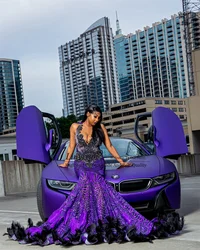 Sparkly Purple Sequins Mermaid Prom Dresses For Black Girl Luxury Rhinestones Crystal Evening Party Gown Feather robes de soirée