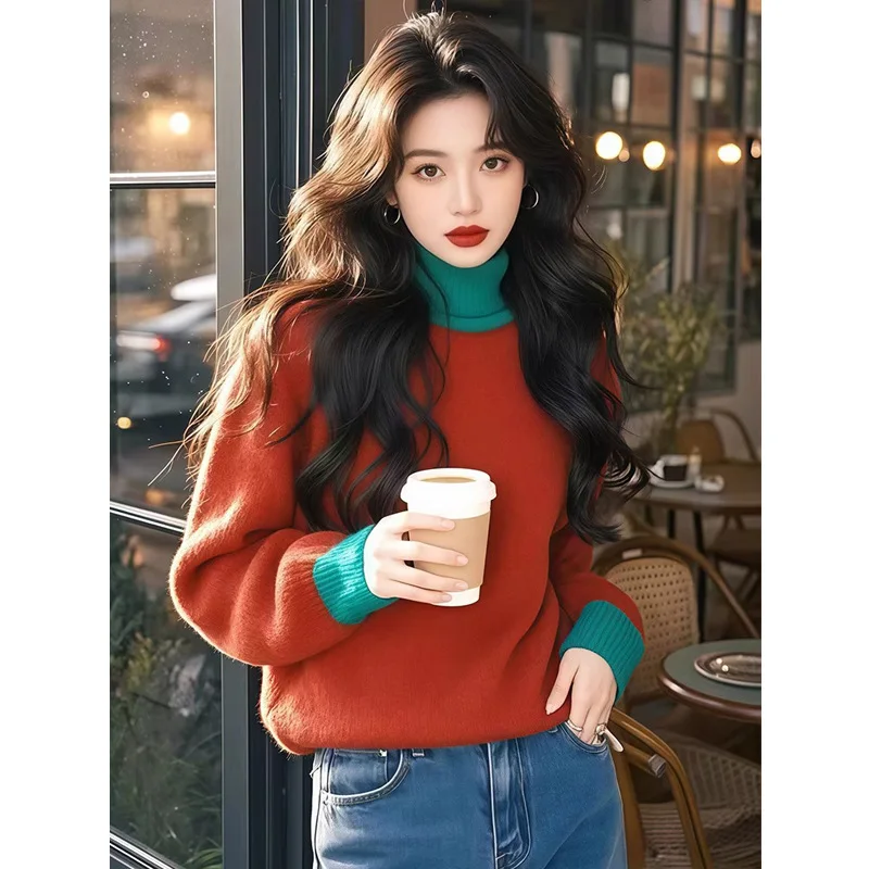 

knitted sweater tops Red color-blocked turtleneck bottoming sweater women autumn winter lazy style soft waxy super nice design
