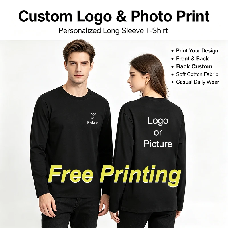 Customized Cotton Long Sleeve T-shirts Men Fashion Personality Printed Round Neck T Shirts Women Cas