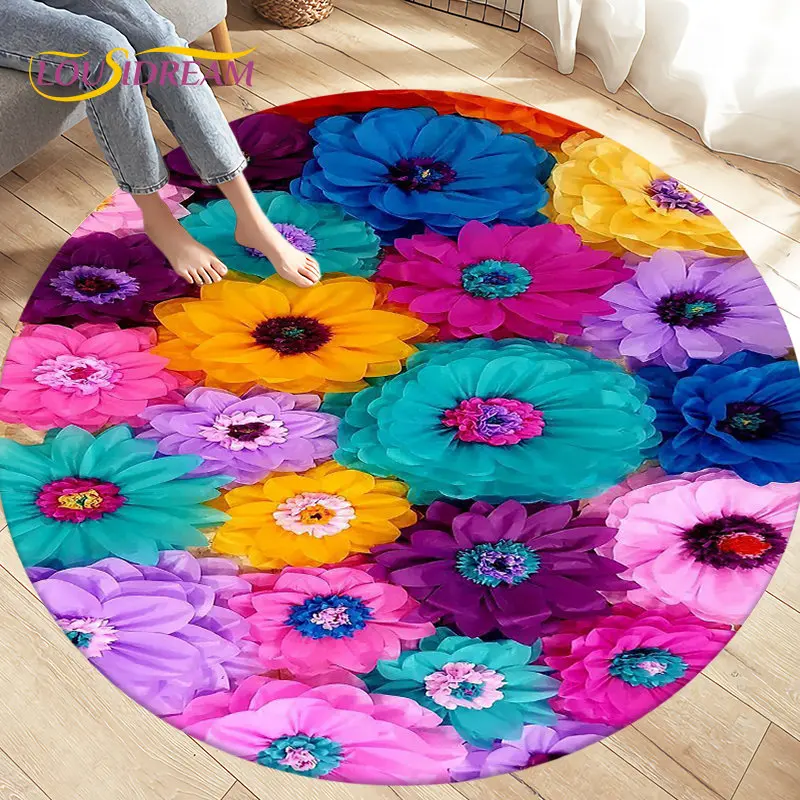 

Nordic Flower Daisy Pattern Area Rug,Round Carpet Rug for Living Room Bedroom Sofa Decoration,Kid Play Game Non-slip Floor Mat