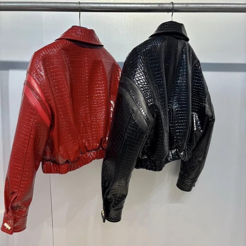 Manteau femme printemps et automne 2025, nouvelle mode, peau de mouton véritable naturelle, Imitation peau de crocodile, texture courte longueur