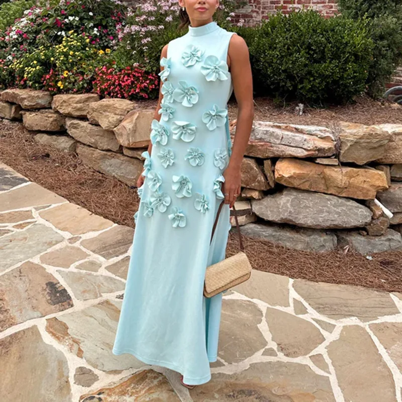 

Elegant Patchwork A Line Dress For Women Stand Collar Sleeveless High Waist Dresses Female Midi Dress New Fashion