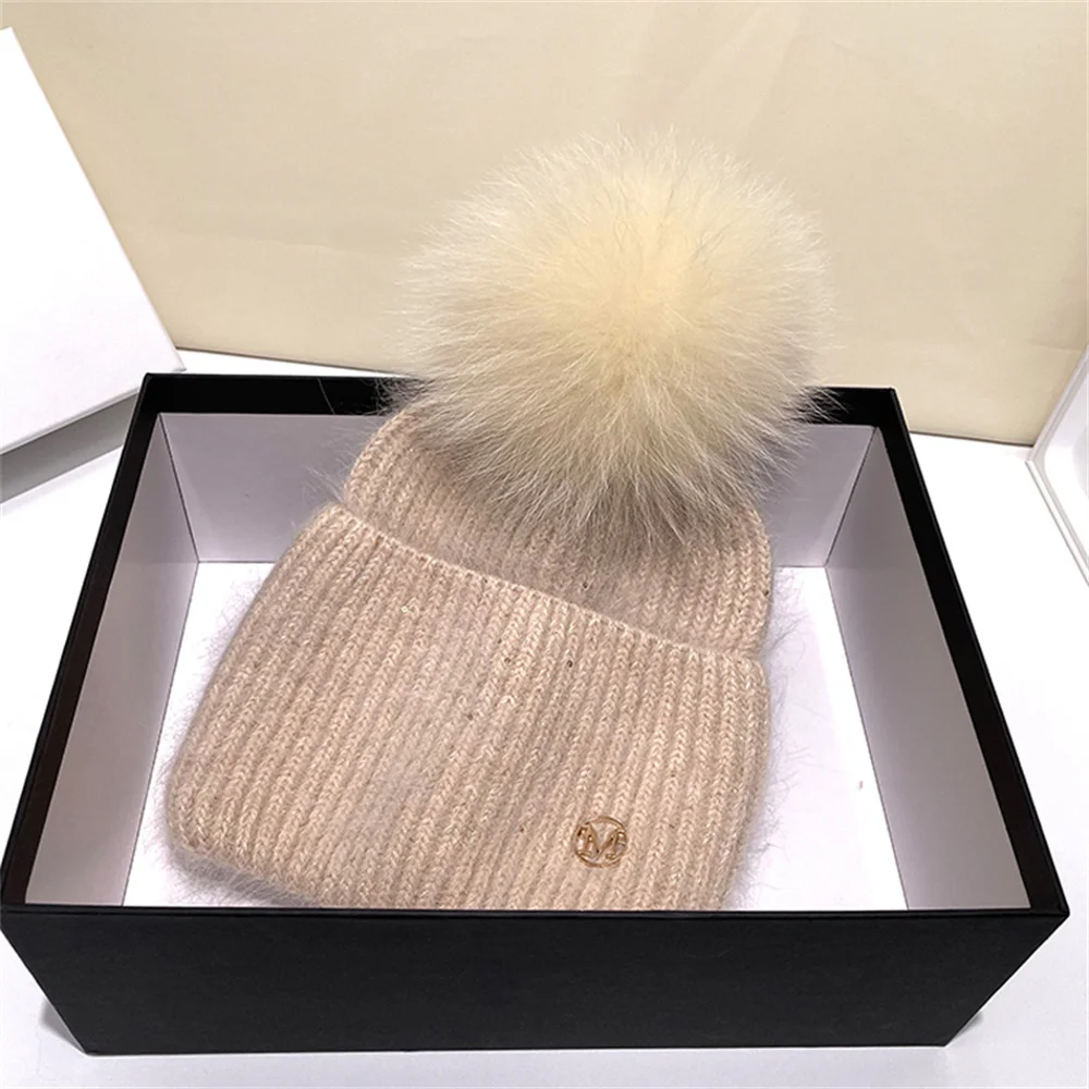 Xthree Winter Hat for Women Rabbit fur Knitted Hat Luxury Beanies Skullies Real Fur Pom Hat for Girl Gorro Female Cap