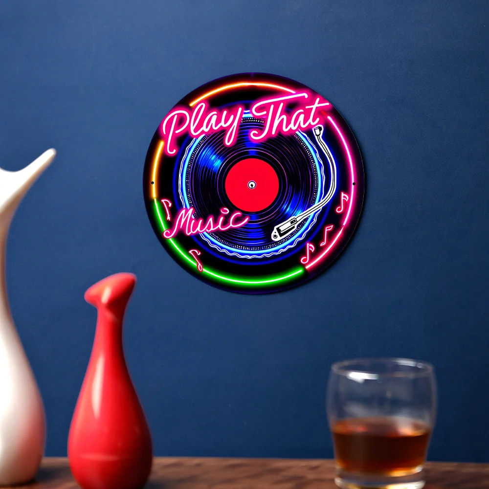 2D 플랫, 1개입 레트로 비닐 레코드 네온 사인 - "PLAY THAT MUSIC" 빈티지 메탈 벽 장식, & 변색 방지 원형 장식 썸네일 4