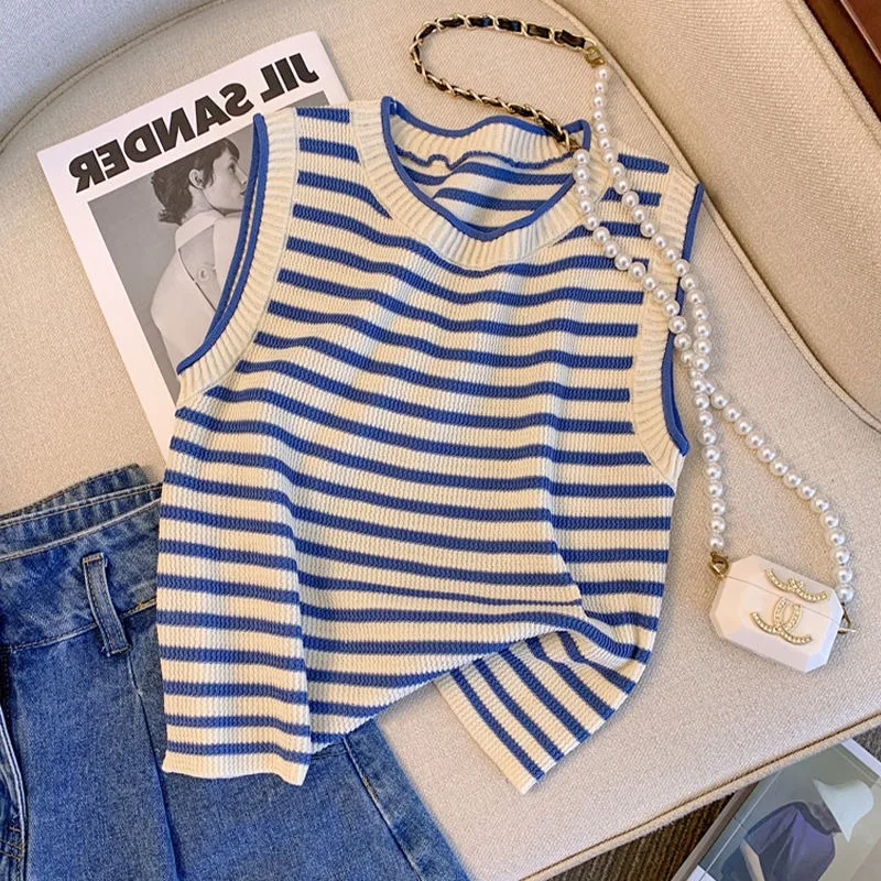 

Summer Thin Breathable Comfortable Soft Fashion Chic Vest Women's Clothing Striped Sleeveless O-neck Knitted Tank Top