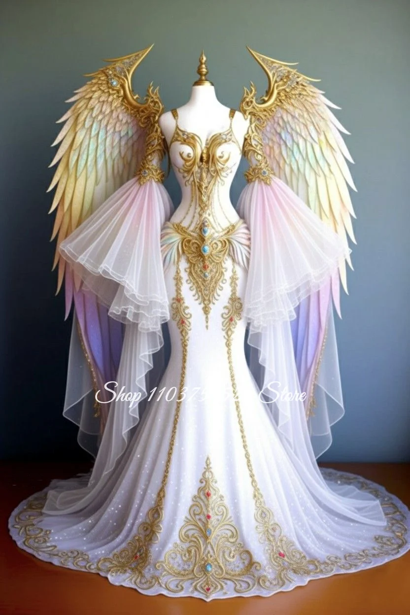 Maßgeschneidertes verträumtes viktorianisches Hochzeitskleid, Spitzen-Meerjungfrauenkleid, Engelskostüm, Halloween-Partykleid 2026 (ohne Flügel)