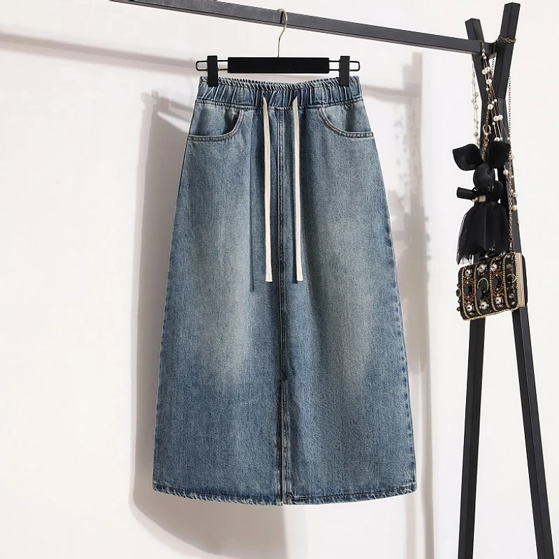 Large Size Elastic Waist Denim Skirt Women\'s Korean Solid High Waist All-Matched A-Line French Split Midi Skirt M-4XL