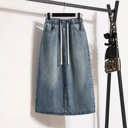 Large Size Elastic Waist Denim Skirt Women's Korean Solid High Waist All-Matched A-Line French Split Midi Skirt M-4XL