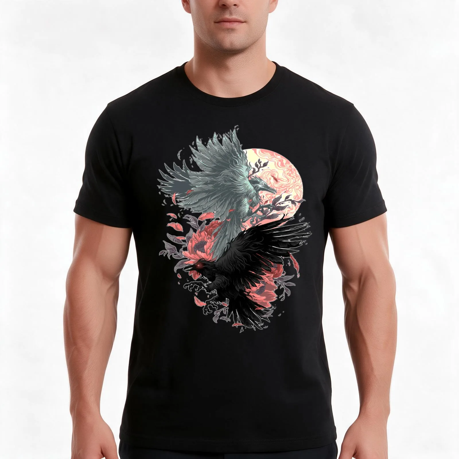 Two crows white and black heading to balanced T-Shirt, Summer Casual Cotton Tee, Oversized Streetwear Tops, Unisex Men Women