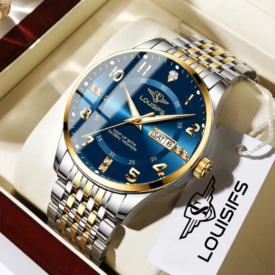 남성용 워터 다이아몬드 럭셔리 야광 더블 캘린더 쿼츠 무브먼트 40mm 블루 골드 스테인리스 스틸 패션 비즈니스 시계