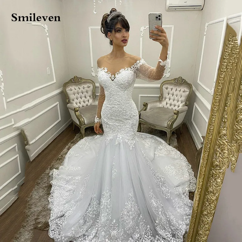 

Smileven Long Sleeve Mermaid Wedding Dresses Lace Appliques Bridal Gowns 3D Lace Sweetheart Strapless Vintage Wedding Gowns