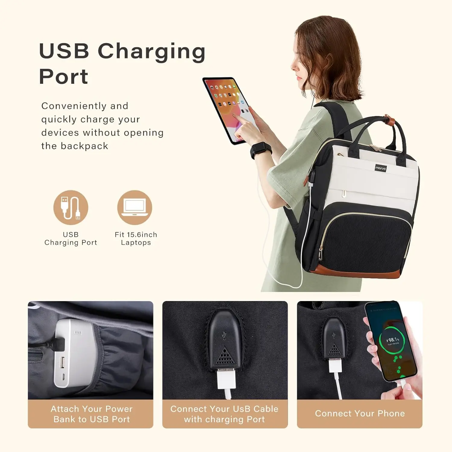 MOSISO Laptop Backpack for Women 15.6 inch Laptop Bag with USB Charging Port&Front Corduroy Pocket Travel Office College Fashion