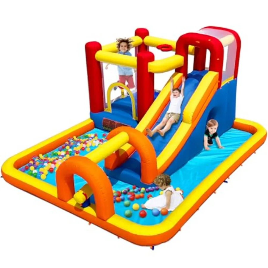 Parc aquatique gonflable pour maison de rebond, avec longue toboggan aquatique et grande piscine contre les éclaboussures, convient aux 5 enfants, un plaisir sans fin de saut, coulissant, d'escalade