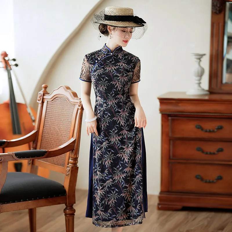 Langer chinesischer Qipao-Rock Frühling/Sommer neues Retro-Kleid aus Seiden leinen im ethnischen Stil mit schmaler Passform