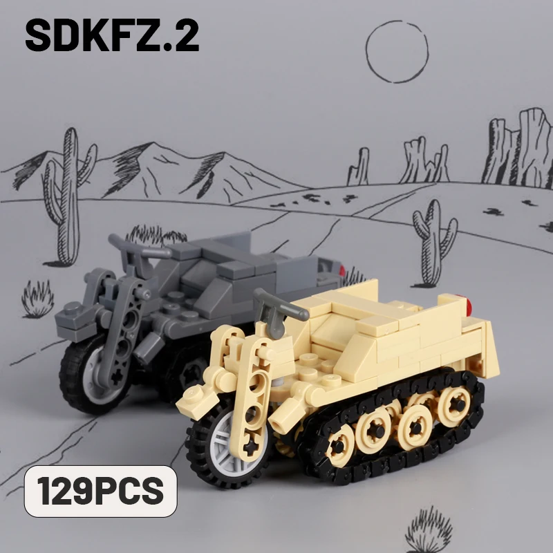 WW2 German Army North African Tank Building Blocks SDKFZ. 2 Crawler Motorcycle Soldier Figure Car Weapon Kids Model Bricks M113