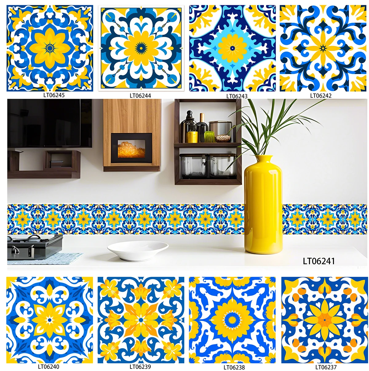 Mediterranean Blue Yellow Floral Tile Decals Oilproof Self Adhesive Stickers For Kitchen Stair Skirting Board Cabinet Wall Decor