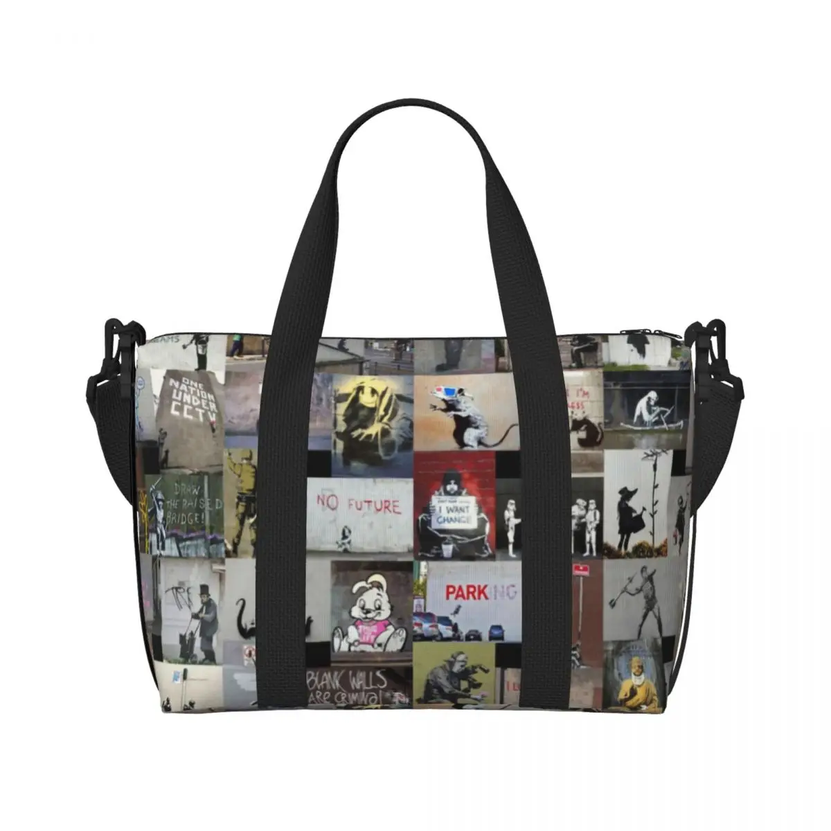 Custom Banksy England Beach Tote Bag for Women Street Art Graffiti Big Compartment Gym Beach Travel Bags