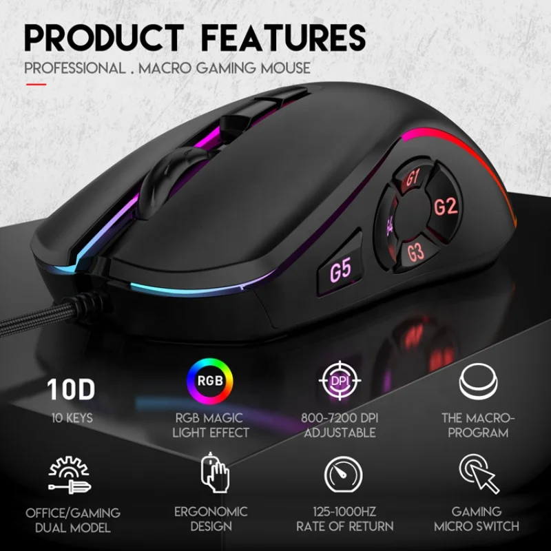 Rato com fio do escritório do jogo 7200dpi rgb backlit mouse 6 níveis dpi ajustáveis/10 botões programáveis/voltar ao rato do botão do desktop