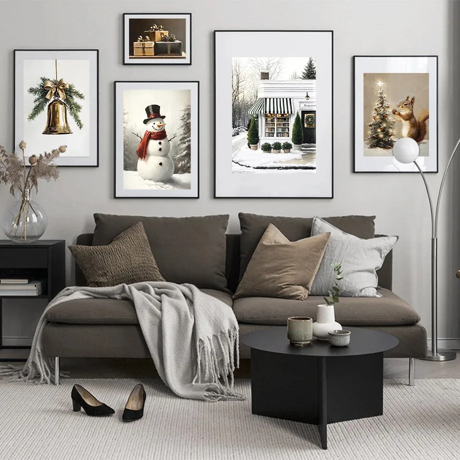 الشتاء المقصورة مزلقة ثلج شجرة عيد الميلاد هدية السنجاب الملصقات يطبع حائط لوح رسم الفن صور غرفة المعيشة ديكور المنزل #3