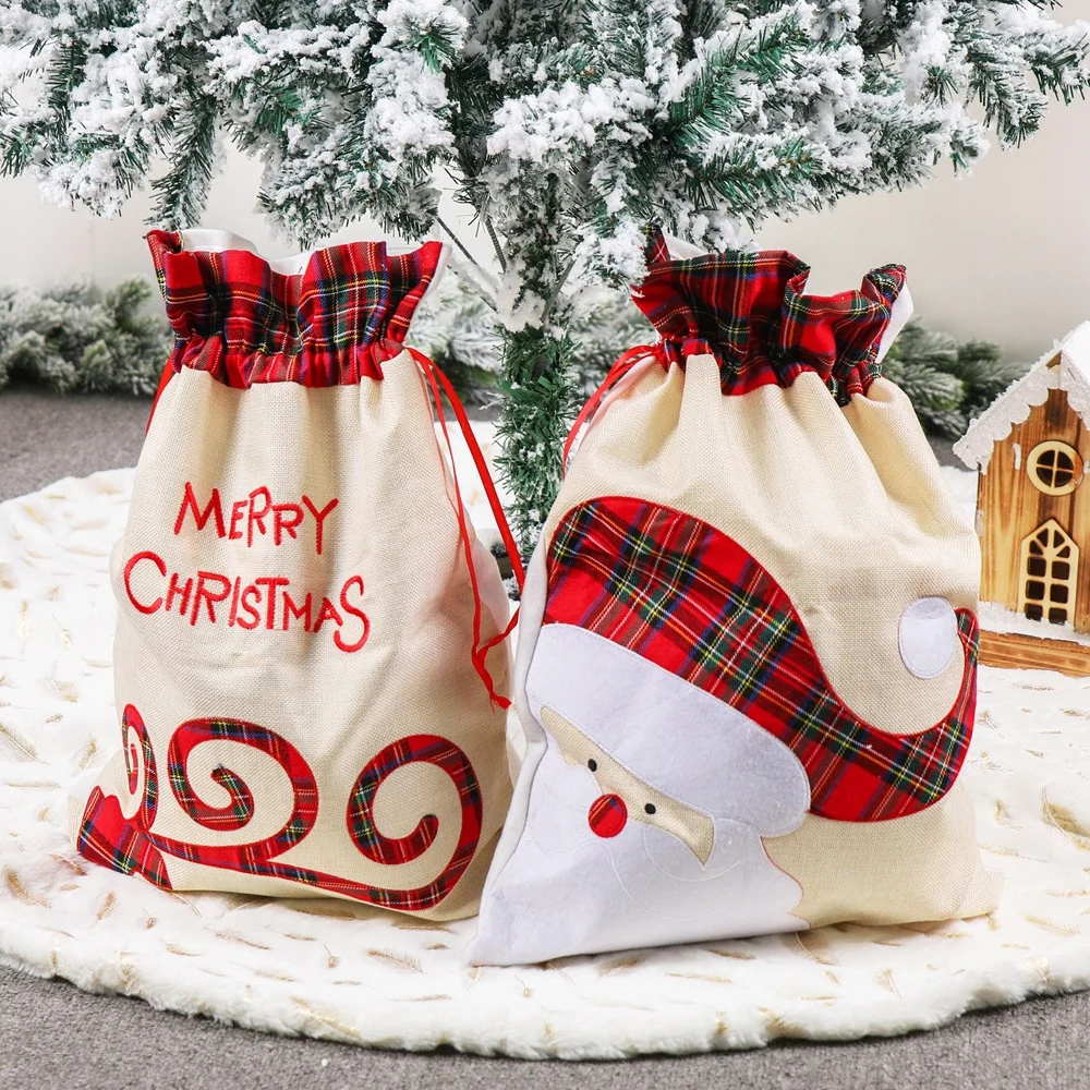 1pcs New Christmas Decoration Plaid Applique Embroidered Large Cloth Bag children's Holiday Gift Bag Candy Bag