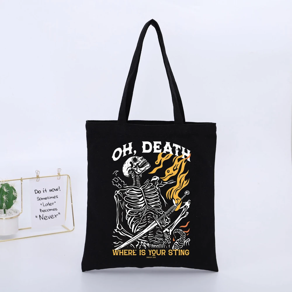 Skull and Flame Print Canvas Tote Bag, Streetwear Style for Daily Casual Use