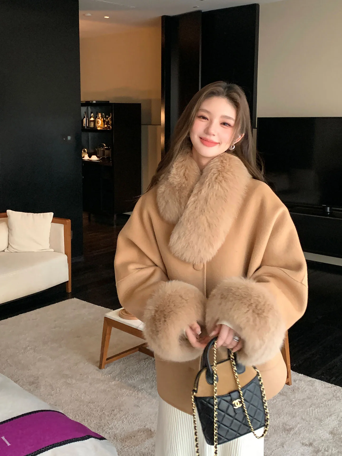 

Пальто женское GG Milan 2025 осень-зима, двустороннее шерстяное, с меховым воротником, длинное, с круглым вырезом, стандартной длины, класса люкс