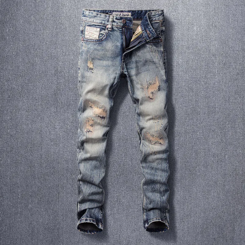 Street Fashion uomo Jeans Retro lavato blu Slim Fit Jeans strappati uomo ricamo Patched Designer Vintage Denim Pants Hombre