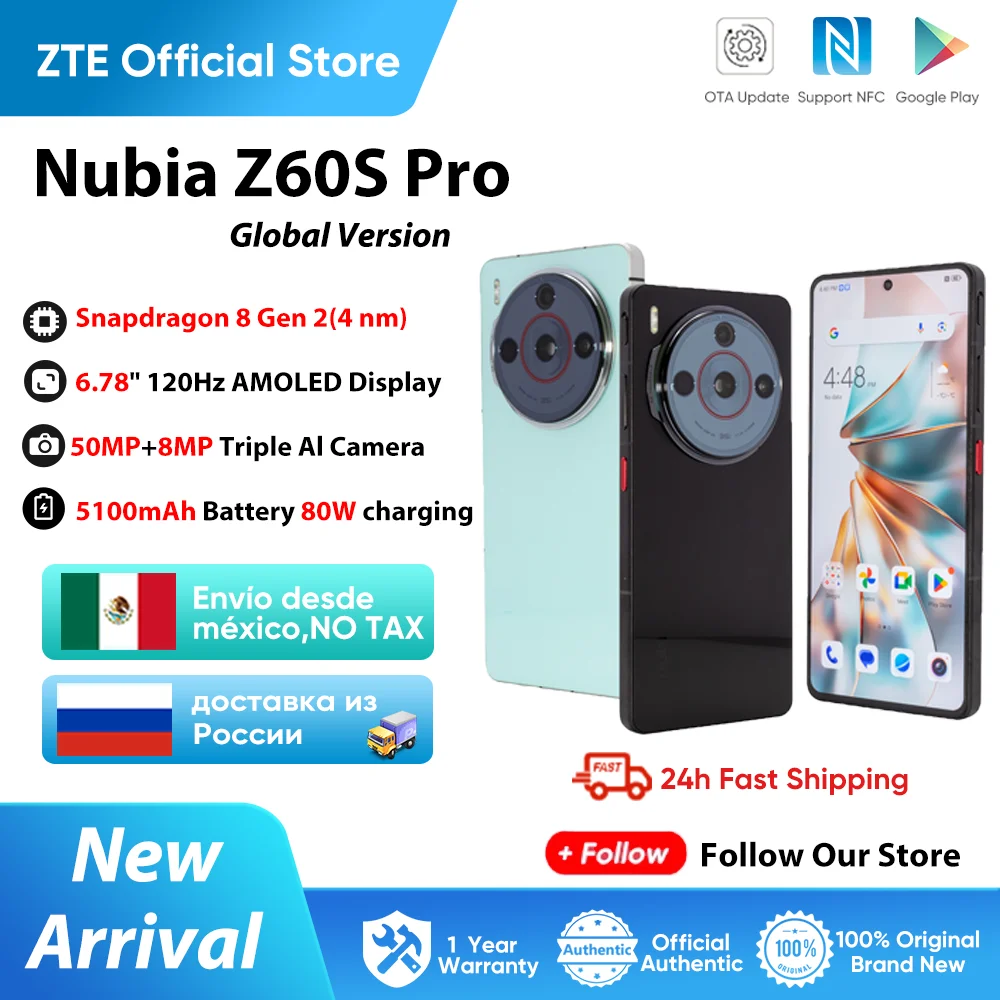 Version mondiale Nubia Z60S Pro Smartphone 6.78 "Snapdragon 8 Gen2 5100mAh batterie 80W charge caméra satellite AI NFC modèle NX725J