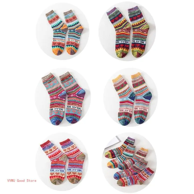 5 Pairs Women Winter Warm Faux Wool Knit Socks Ethnic Multicolored Heart Geometry Striped Thermal Hosiery