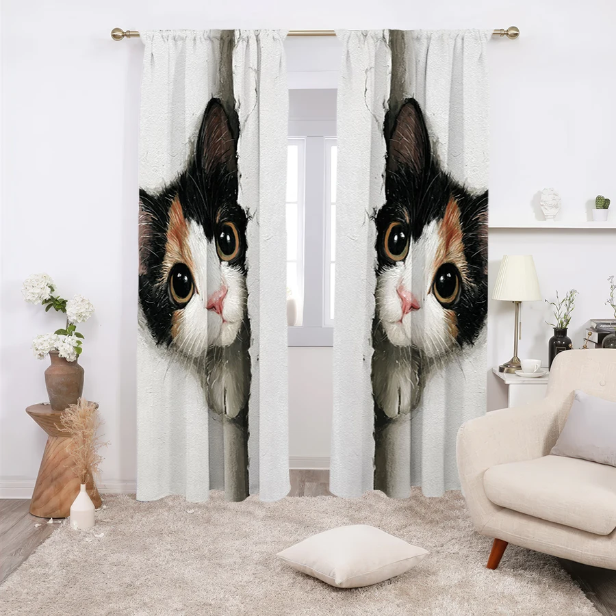 2PCS Multicolor Cute Calico Cat Peeking Pattern Curtains Rod Pocket Design For Bedroom And Living Room