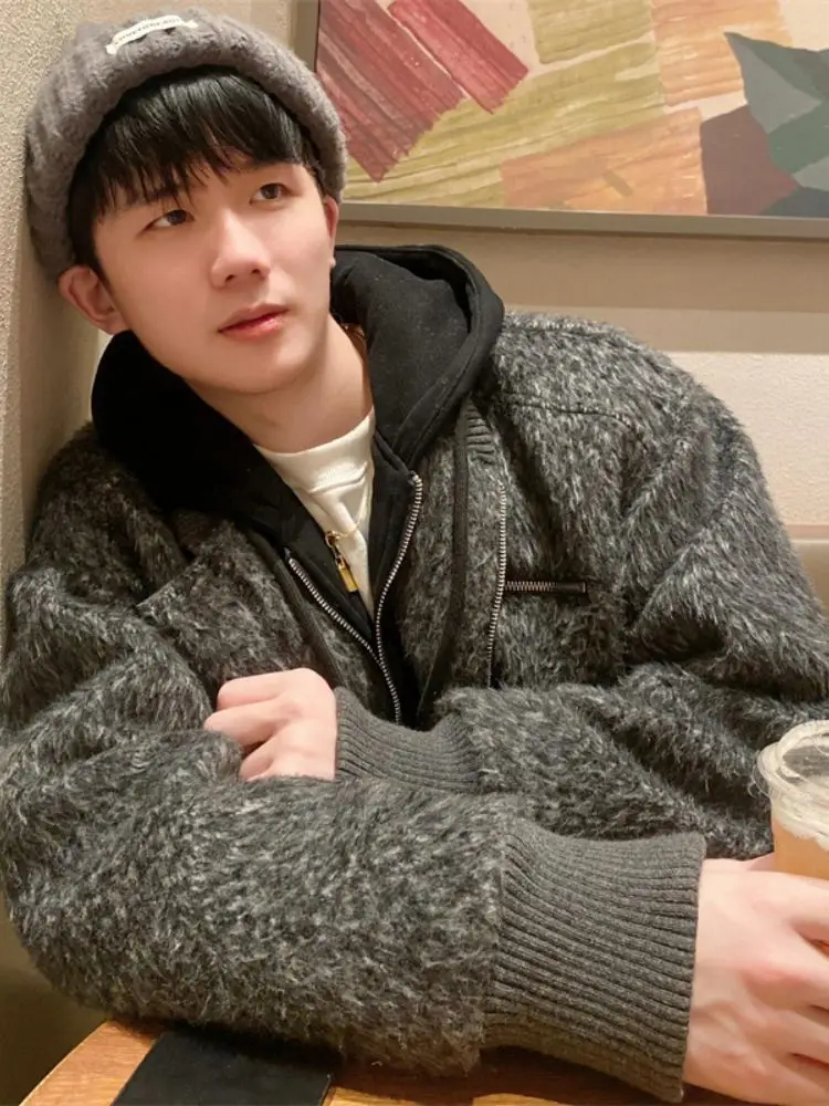 

Мужской открытый кардиган свободного кроя в американском повседневном стиле, зимний, с длинными рукавами, утепленный, вязаный, комфортный, для ношения как верхняя одежда или под одежду