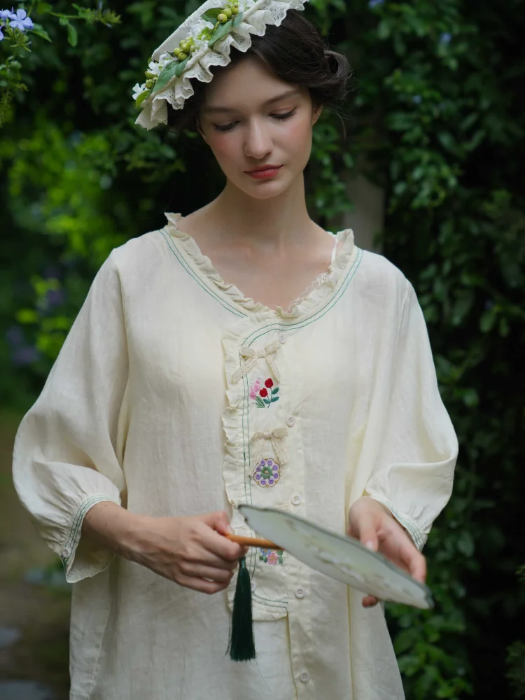 

Spring Summer Women Chinese Forest Style Embroidery, Bowknot, Pink Leather, Cream Yellow Cotton Linen Shirts/Blouses