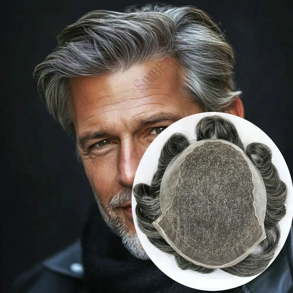 

1B50 Серый Черный Мужской Парик Индийский Реми Парик Человеческих Волос Дышащий Мягкий Французский Кружевной Прочный Тонкий Парик ПУ Мужской Капиллярный Протез