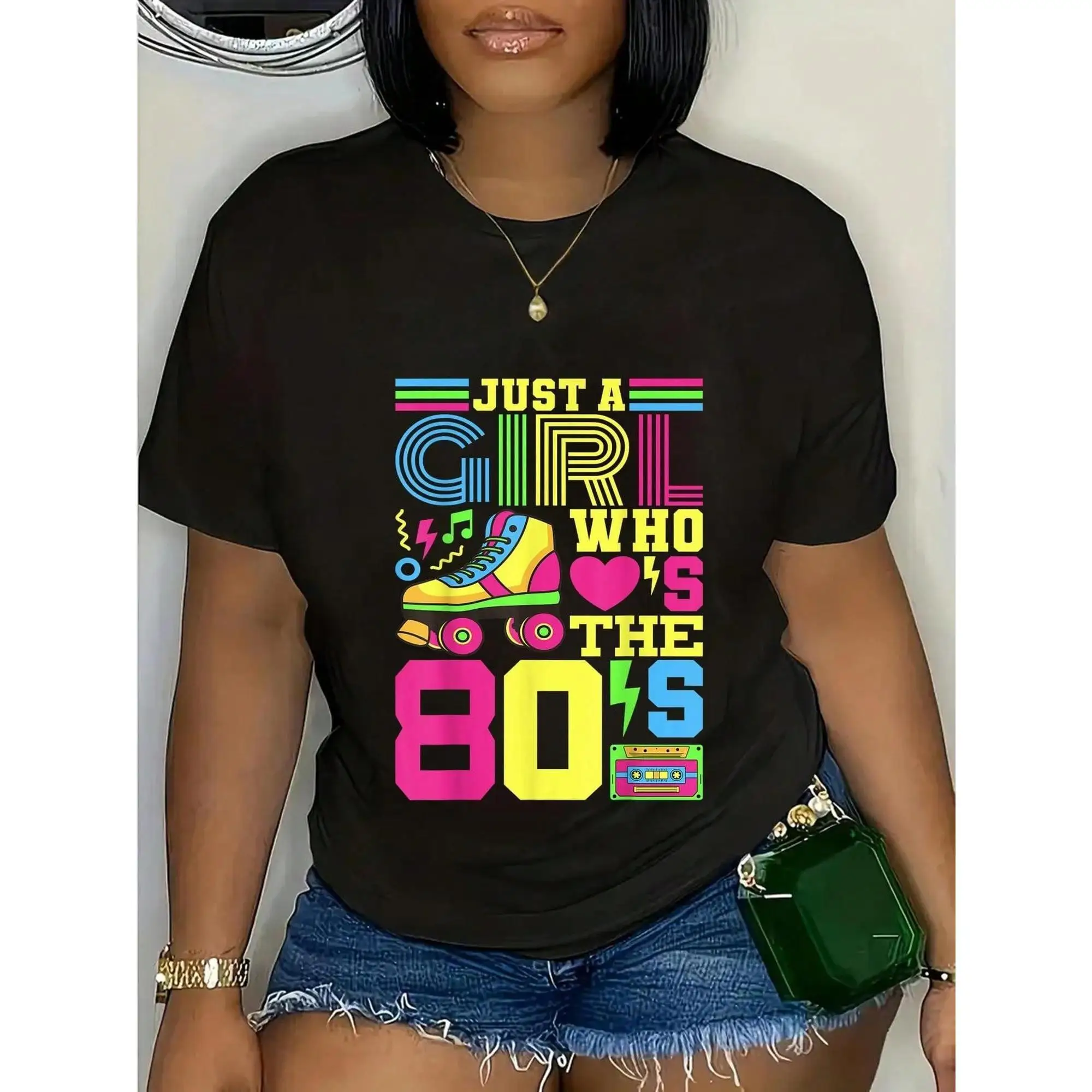

Women's 80s Retro T-Shirt | "Just A Girl Who Loves The 80s" Neon Graphic Tee | Vintage Music Roller Skate Party Gift Top