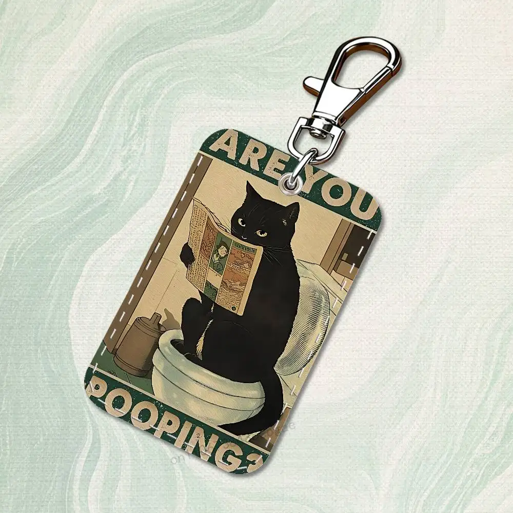 재미있는 예술 뚱뚱한 고양이 화장실 직사각형 카드 케이스 키체인 액세스 카드 가방 키 태그 링 가죽 카드 홀더 키 링 액세스