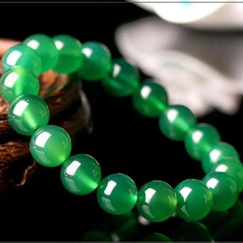 Natural Green Agate Jade 6-14mm Bead Bracelet Elastic Bangle Charm Jewellery Fashion Hand-carved Man Woman Luck Gifts Amulet