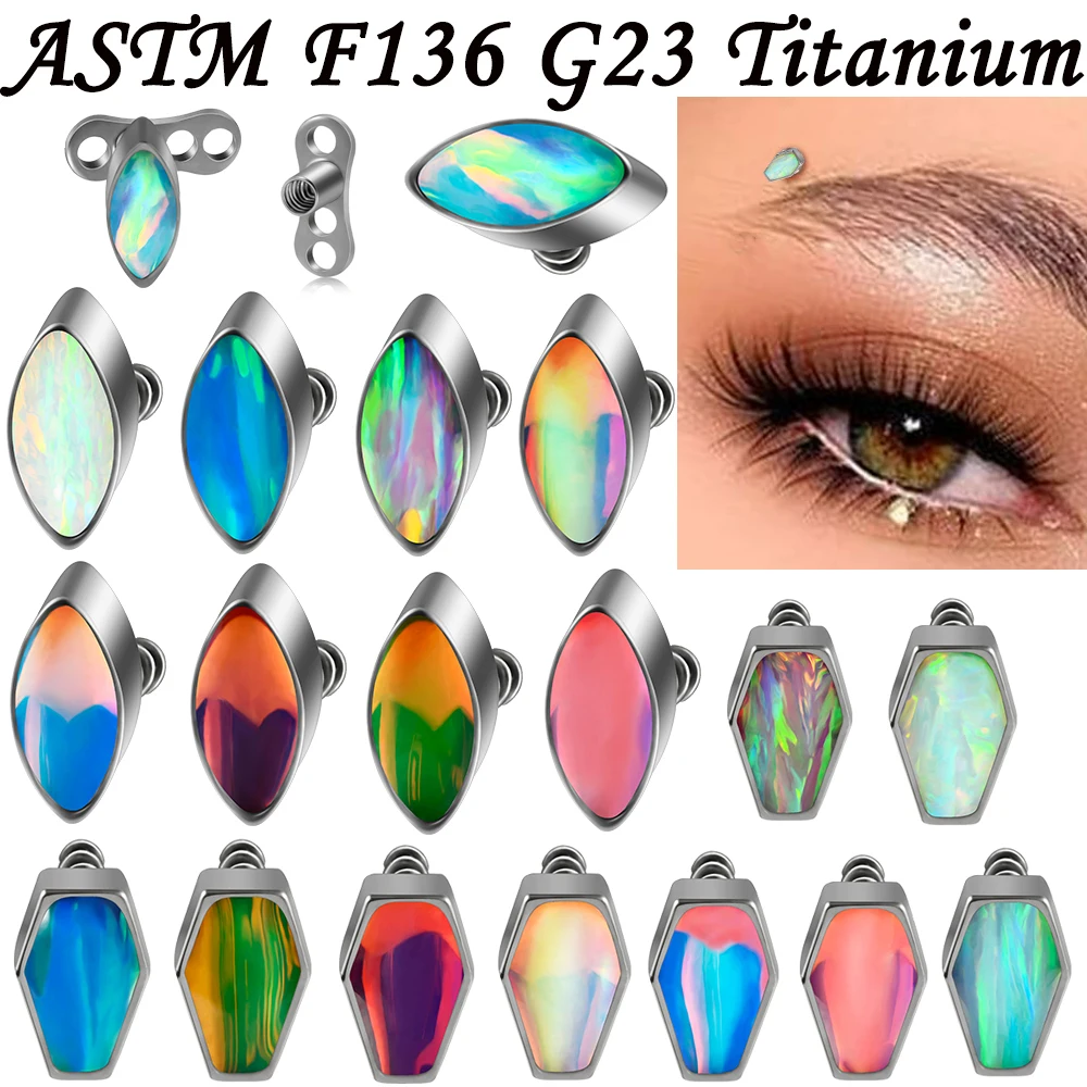 1PC 16G Grade 23 Titanium Flash Film Opal Coffin Tops and Dermal Base Internally Threaded Body Piercing Jewelry