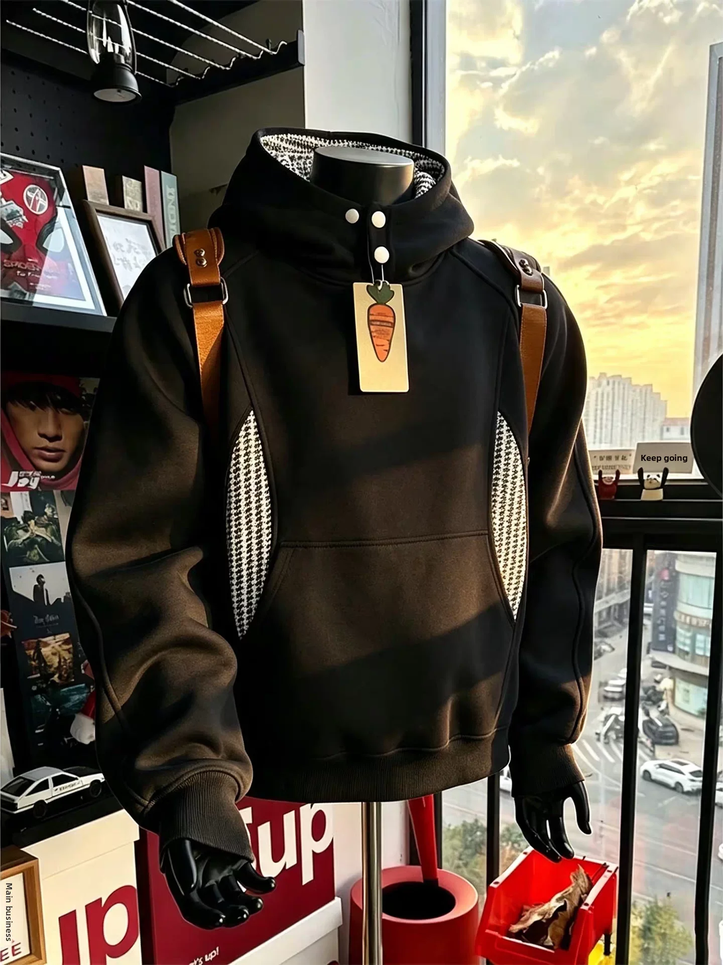 American Style Heavyweight Buttoned Hoodie Men's Early Autumn Design Plaid Splicing Top Small Deconstruction Couple Jacket