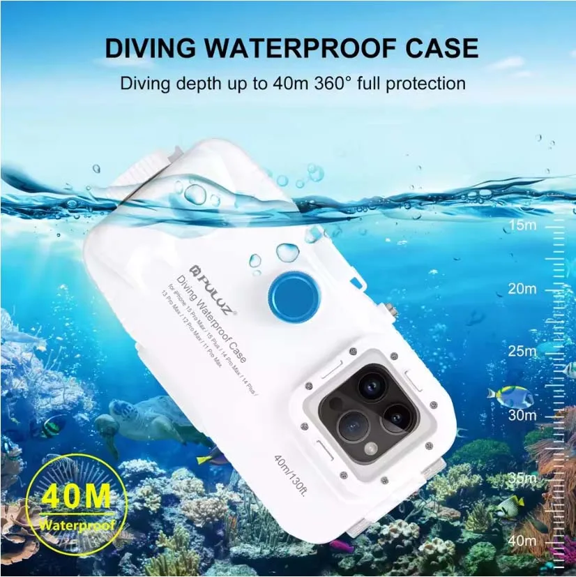 iPhone 16/15 Pro Max用40M防水ケース – 水中撮影用40M深度シール付きダイビング対応保護ハウジング