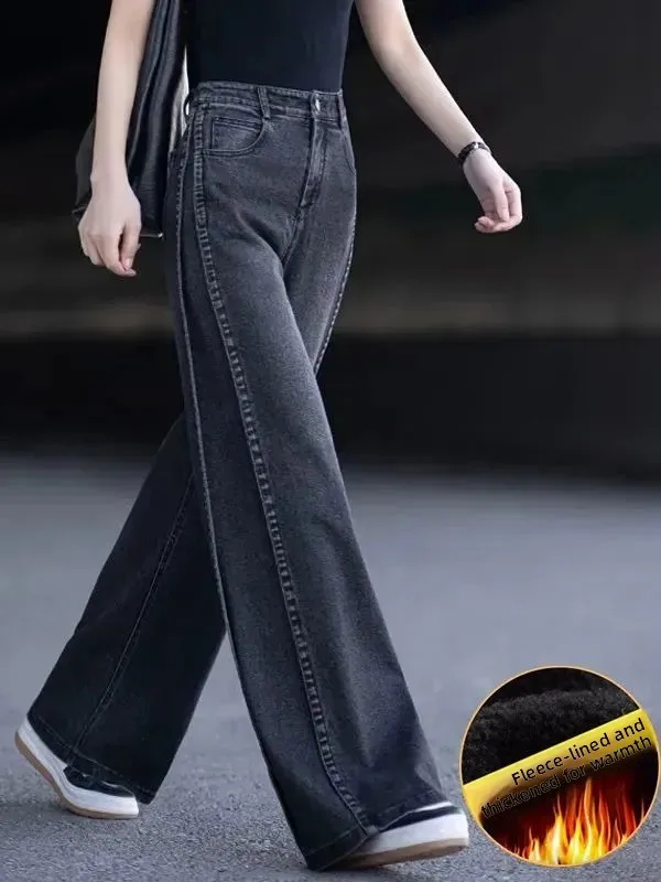 

Свободные женские джинсы American Sle с высокой талией, прямые брюки в стиле ретро, широкие брюки, повседневная одежда, прочная джинсовая ткань средней длины