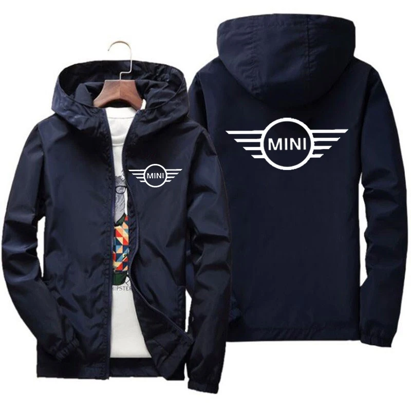 Jaqueta bomber com capuz masculina estampa Mini Cooper mais recente quebra-vento casual Xipper moda carro primavera e outono