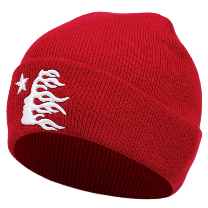 Autumn Winter Knitted Hats Fire Embroidery Deisgn Thick Skullcap Beanie Hat for Men Women, Slouchy Daily Wear Bonnets For Women