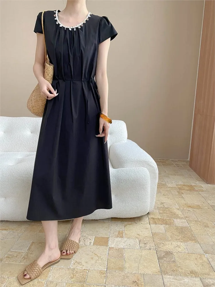 Sukienka damska letnia w stylu świątecznym 2025, codzienna, plażowa, jednolita, z koralikami, okrągły dekolt, krótki rękaw, midi, boho, vestidos