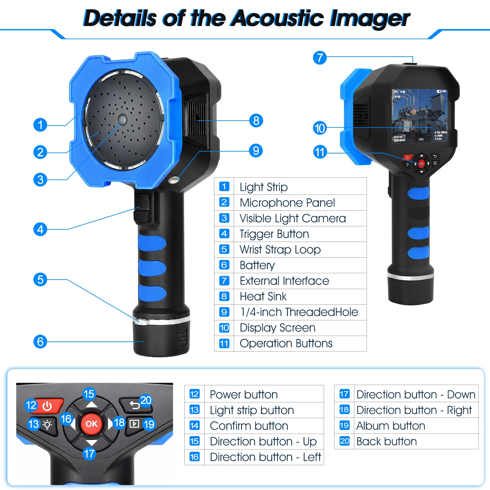 Portable Acoustic Camera 2kHz-100kHz Noise Source Locator Gas Leak Ultrasonic Tester for HVAC Power Equipment Partial Discharge