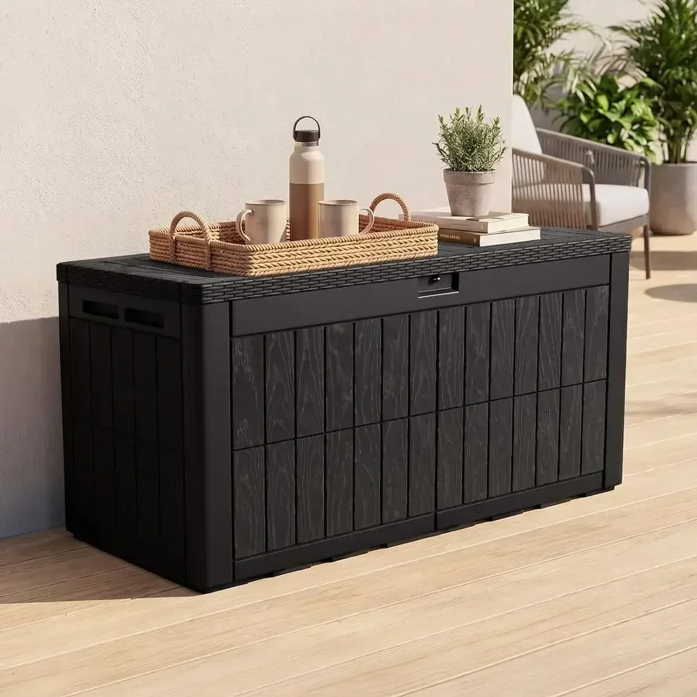 Large 120 Gallon Deck Storage Box, Weather-Resistant Outdoor Bench with Lockable UV-Protected Container, Ideal for Garden and Pa