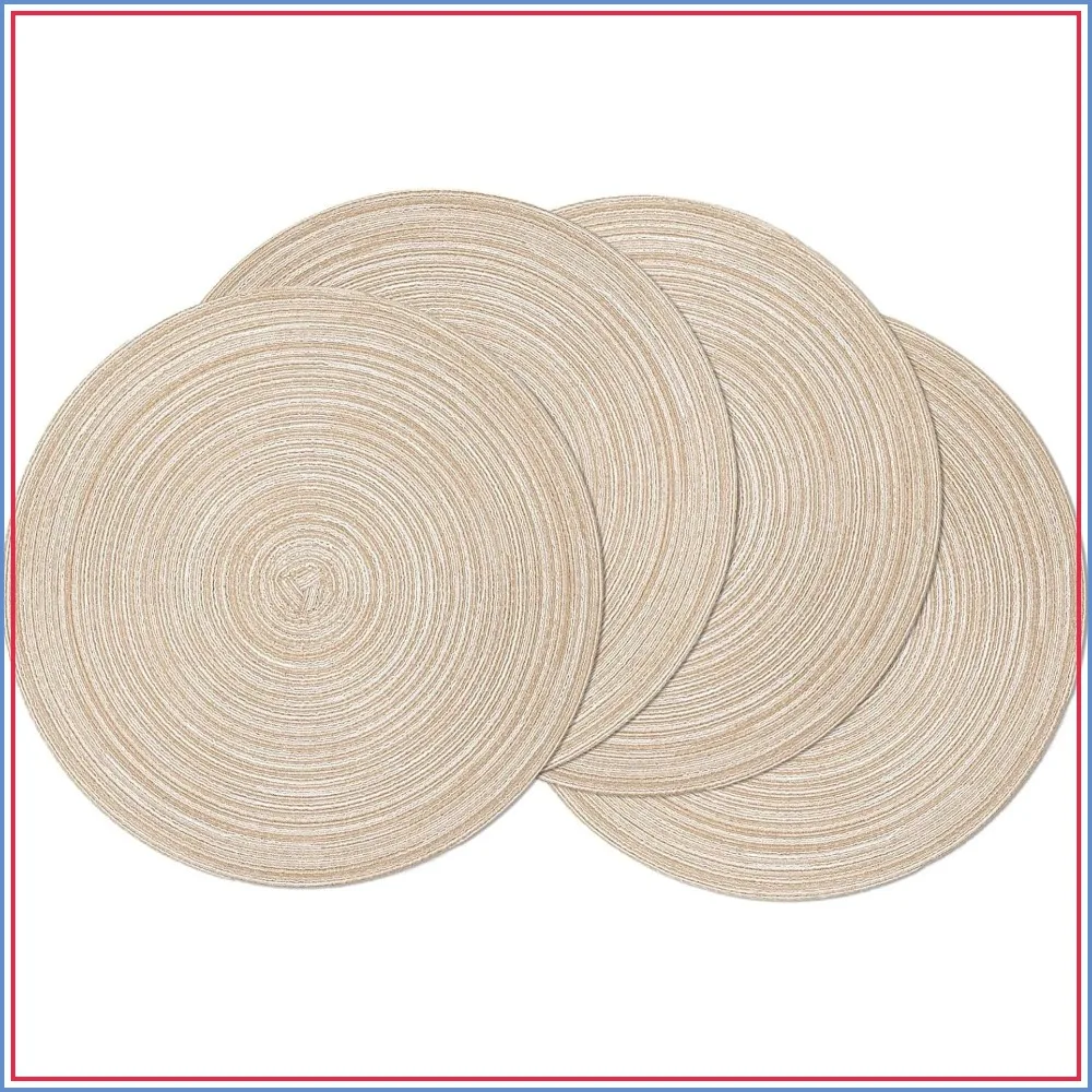 Round Braided Placemats Set of 4 - 15 Inch Washable Non-Slip Table Mats for Dining, Beige