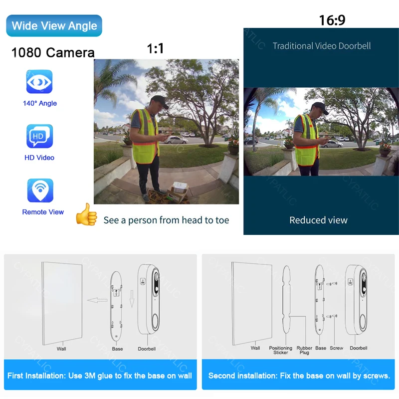 Timbre inalámbrico con WIFI para el hogar, videoportero con cámara, protección de seguridad, detección de movimiento PIR, Tuya, 1080P